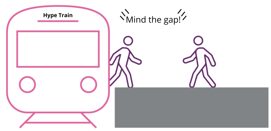 A person leaving a train labelled 'hype train' beneath a warning saying 'Mind the gap!'.